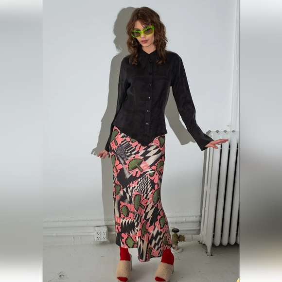 UNTITLED IN MOTION Lelaki Midi Skirt Boho Mushroom Print. Pink/green Multi. SM - Picture 5 of 16